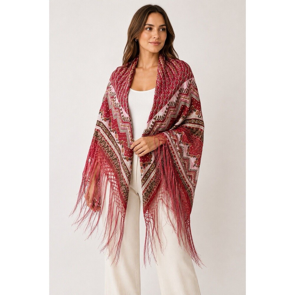Vintage Kamal 100% Silk Piano Shawl India Red Pink Fringe Boho Romantic